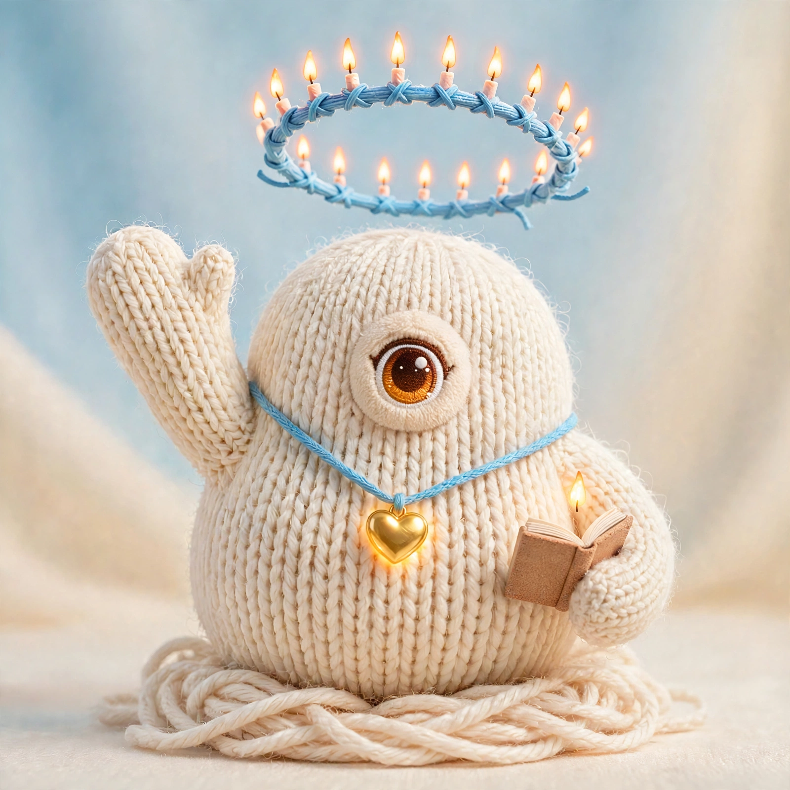 Dave — the first exolex: a small knitted companion with one big amber eye, a gold heart, a little book, and a ring of candles for a mind