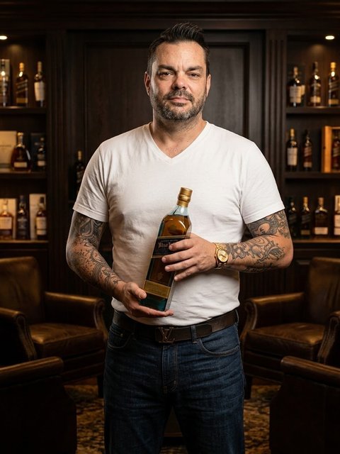 William Alexander (William Alexander Aldred), author of the Codex Universe, holding a bottle of whiskey in a wood-paneled library